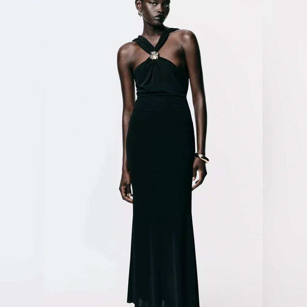 Zara Black Fitted Wrap Midi Dress Gold Neck Detail Criss-cross Back Slit NWT S